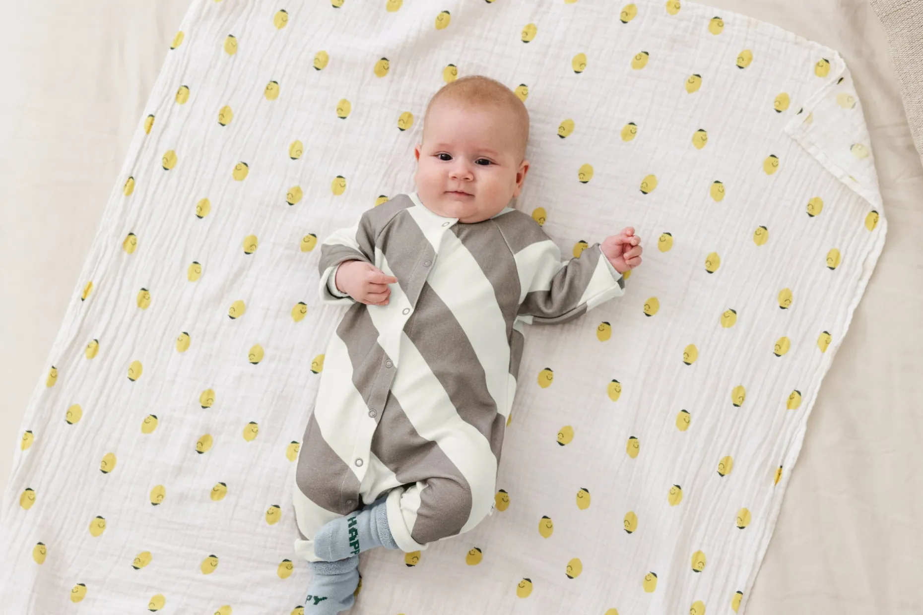 Baby Schlafoverall - Bio Baumwolle, Striped Nature Taupe