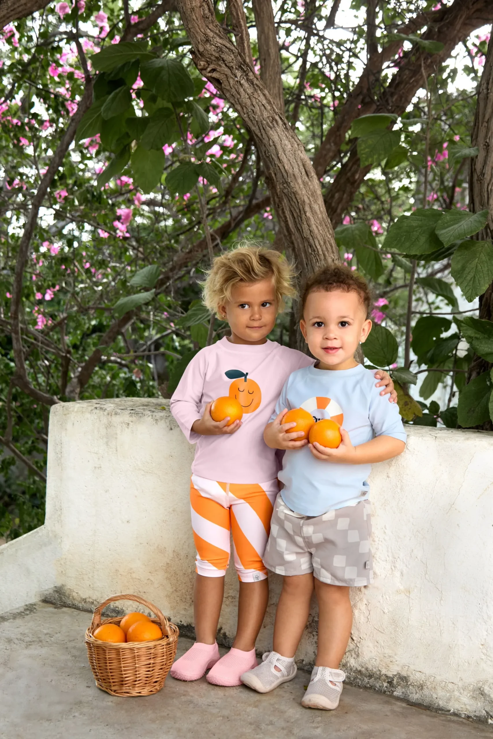 Badehose Baby Kurz (UV-Schutz & Windel) - Streifen, Rosa Orange
